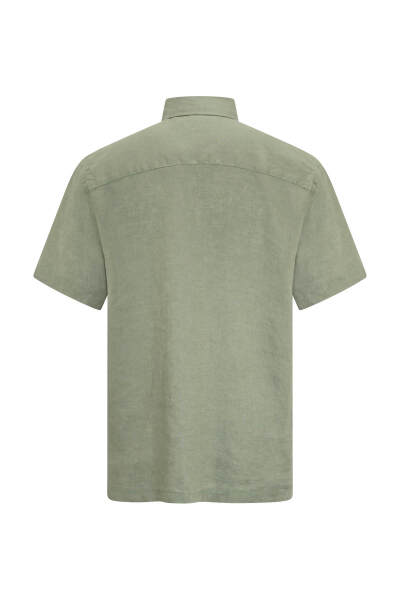 Haki Comfort Fit Düğmeli Yaka 100% Keten Kısa Kollu Gömlek - 4