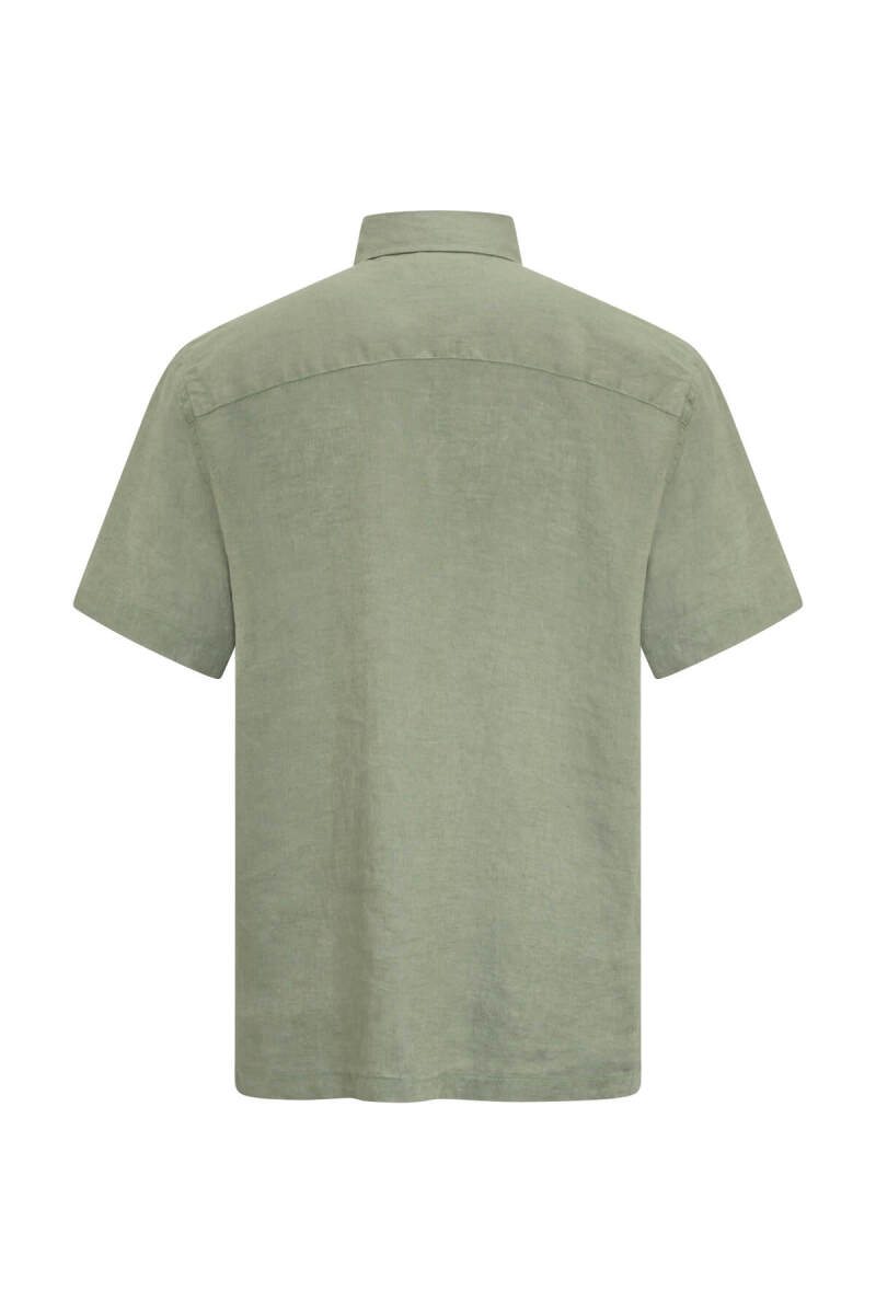 Haki Comfort Fit Düğmeli Yaka 100% Keten Kısa Kollu Gömlek - Saykı (1)