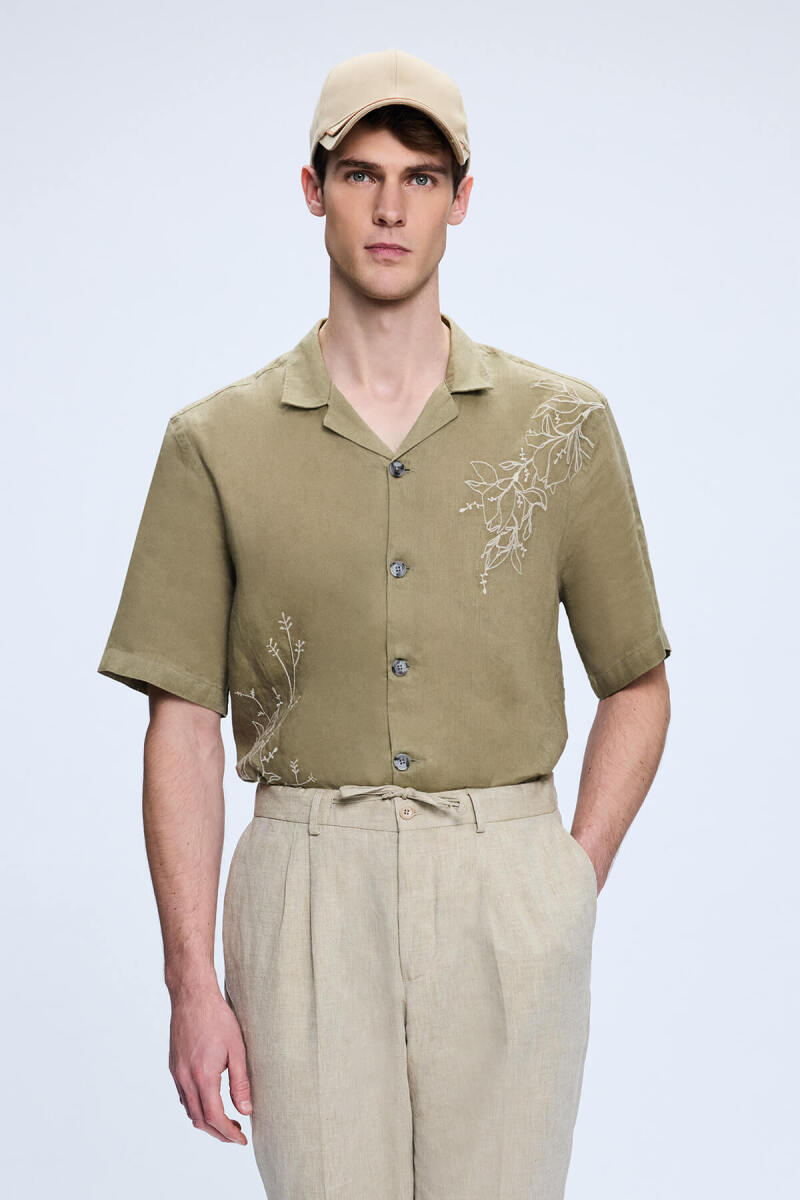 Haki Comfort Fit Düğmeli Yaka 100% Keten Kısa Kollu Gömlek - Saykı