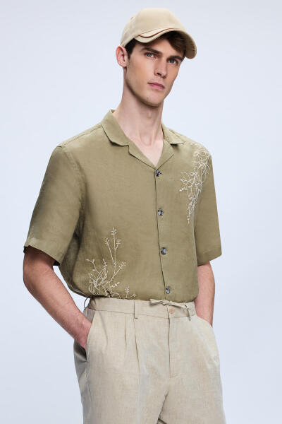 Haki Comfort Fit Düğmeli Yaka 100% Keten Kısa Kollu Gömlek - 2