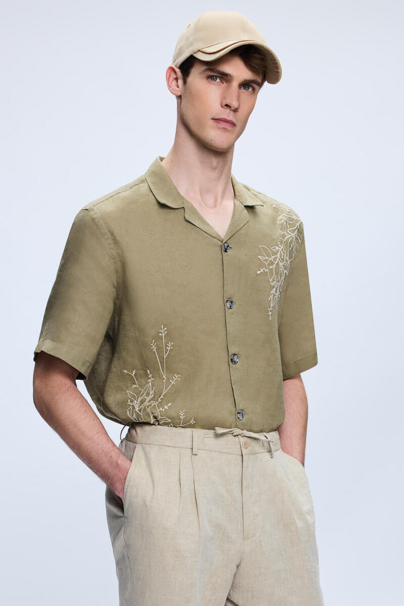 Haki Comfort Fit Düğmeli Yaka 100% Keten Kısa Kollu Gömlek - Saykı (1)