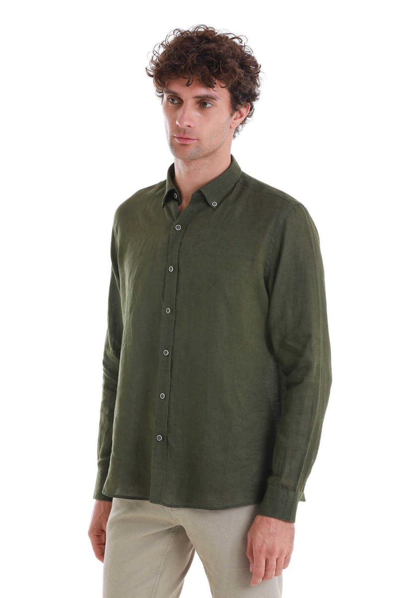 Haki Comfort Fit Düğmeli Yaka Uzun Kollu Keten Gömlek - Hatem Saykı (1)
