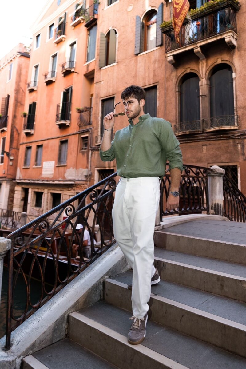 Haki Comfort Fit Düğmeli Yaka Uzun Kollu Keten Gömlek - Hatem Saykı (1)