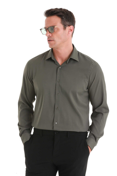 Haki Comfort Fit Slim Yaka Uzun Kollu Gömlek - 3