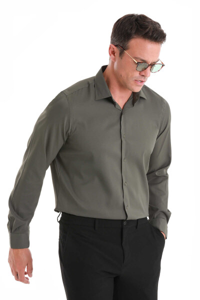 Haki Comfort Fit Slim Yaka Uzun Kollu Gömlek - 4