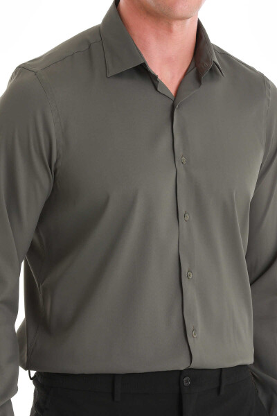 Haki Comfort Fit Slim Yaka Uzun Kollu Gömlek - 5