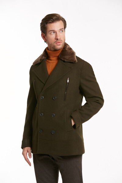 Haki Kruvaze Yaka Kürk Detaylı Kaban - 2