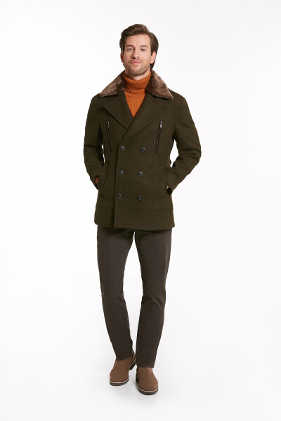 Haki Kruvaze Yaka Kürk Detaylı Kaban - 3