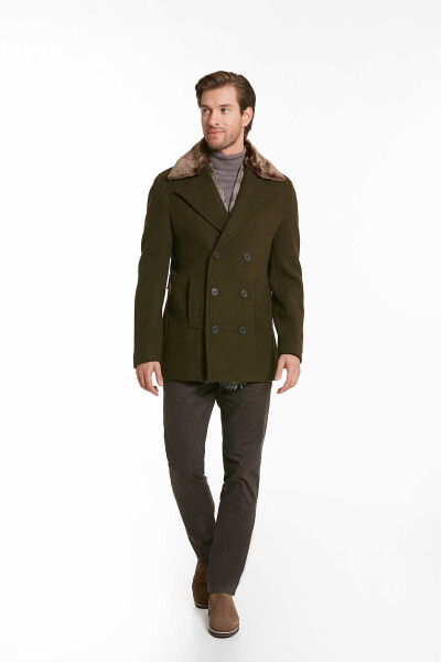 Haki Kruvaze Yaka Kürk Detaylı Yünlü Kaban - 7