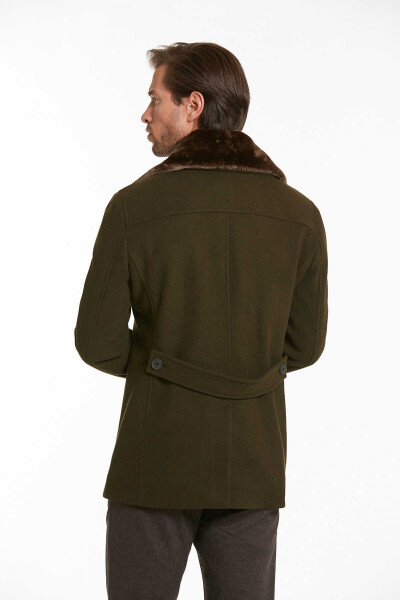 Haki Kruvaze Yaka Kürk Detaylı Yünlü Kaban - 5