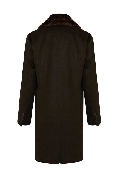 Haki Regular Fit Mono Yaka Kürklü Yün Palto - 2