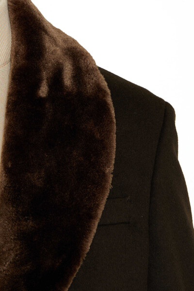 Haki Regular Fit Mono Yaka Kürklü Yün Palto - 4