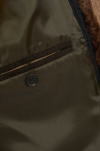 Haki Regular Fit Mono Yaka Kürklü Yün Palto - 6