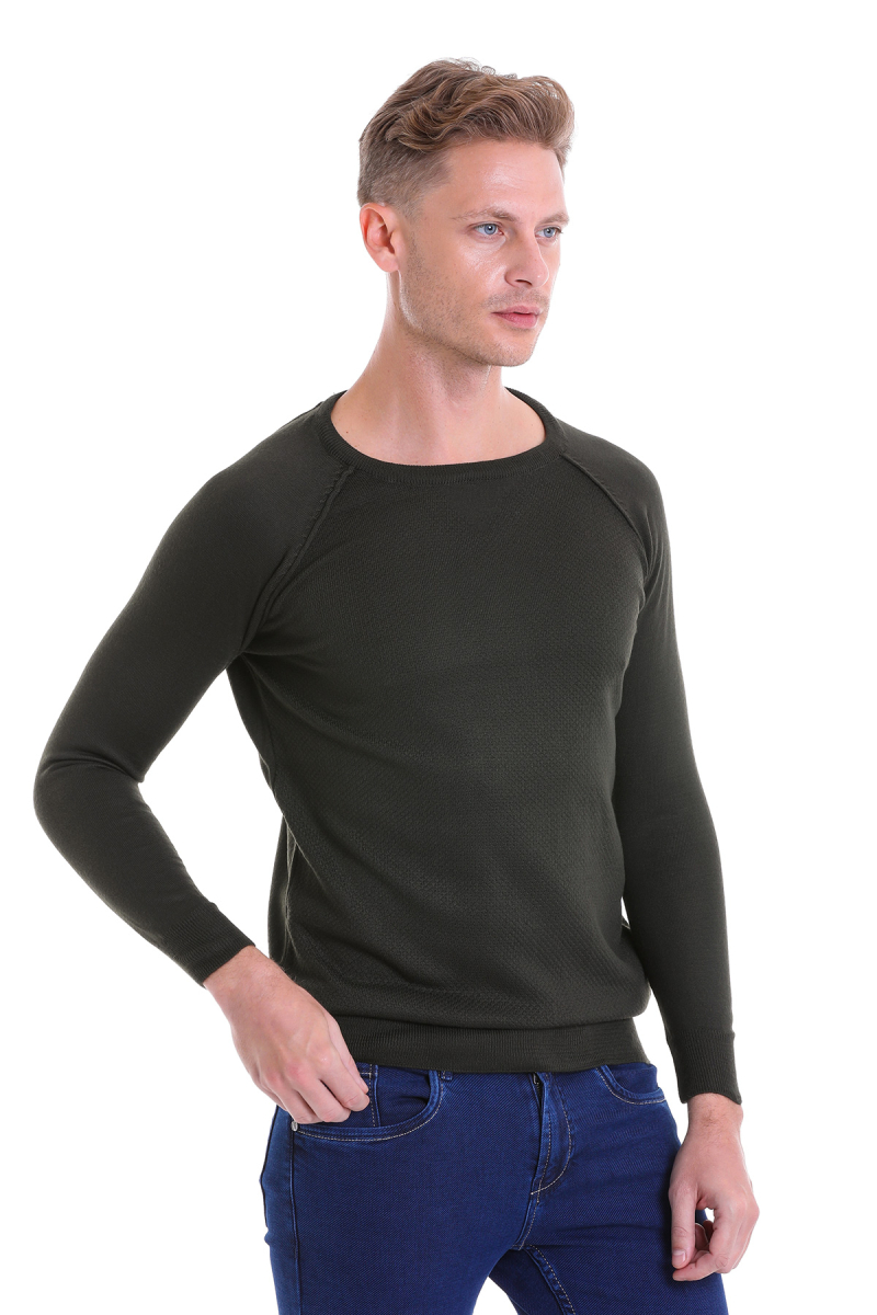 Haki Regular Fit Desenli Bisiklet Yaka Yünlü Triko Kazak - Hatemoğlu (1)