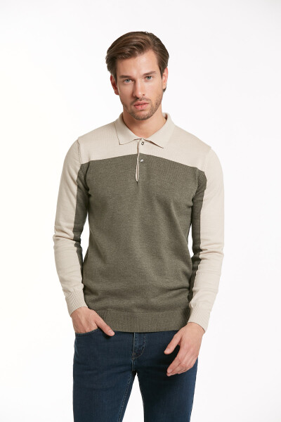 Haki Regular Fit Desenli Polo Yaka Pamuklu Triko Kazak - 1