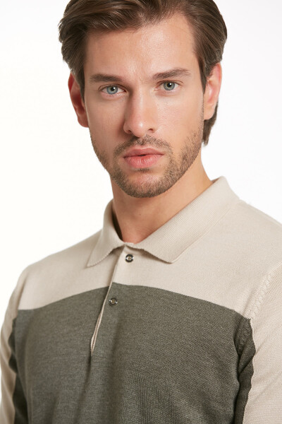 Haki Regular Fit Desenli Polo Yaka Pamuklu Triko Kazak - 7