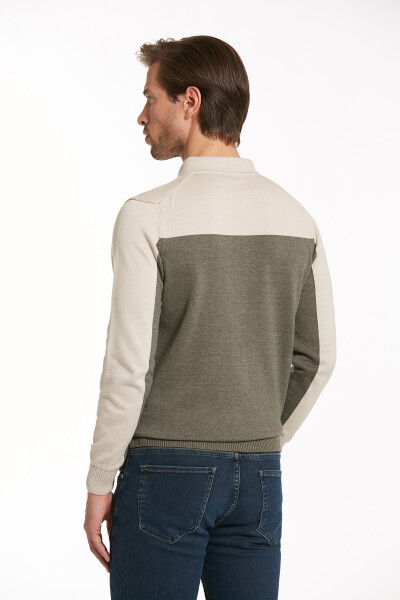 Haki Regular Fit Desenli Polo Yaka Pamuklu Triko Kazak - 9