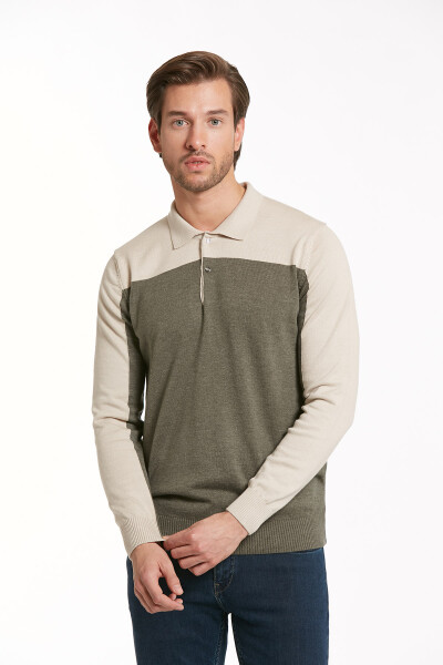 Haki Regular Fit Desenli Polo Yaka Pamuklu Triko Kazak - 4