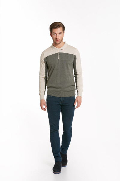 Haki Regular Fit Desenli Polo Yaka Pamuklu Triko Kazak - 6