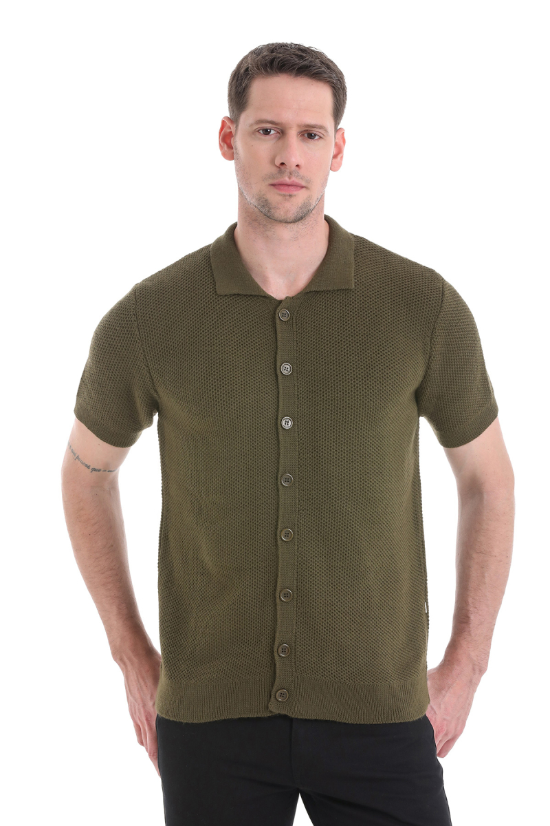 Haki Regular Fit Düğmeli Kısa Kollu Triko Hırka - Hatem Saykı