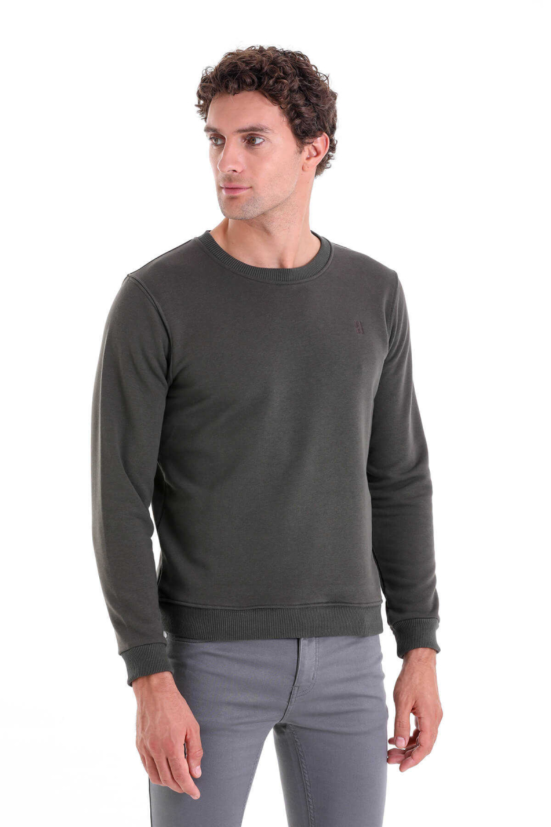 Haki Regular Fit Düz Pamuklu Bisiklet Yaka Sweatshirt - HATEMOĞLU (1)