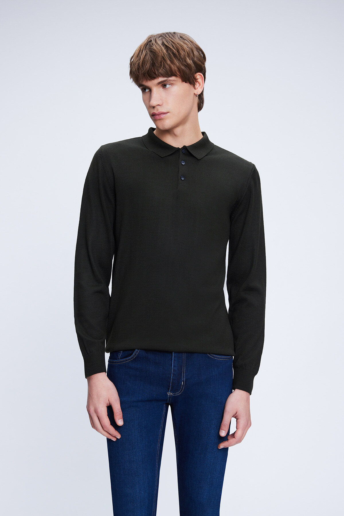 Haki Regular Fit Düz Polo Yaka Yünlü Triko Kazak - 1