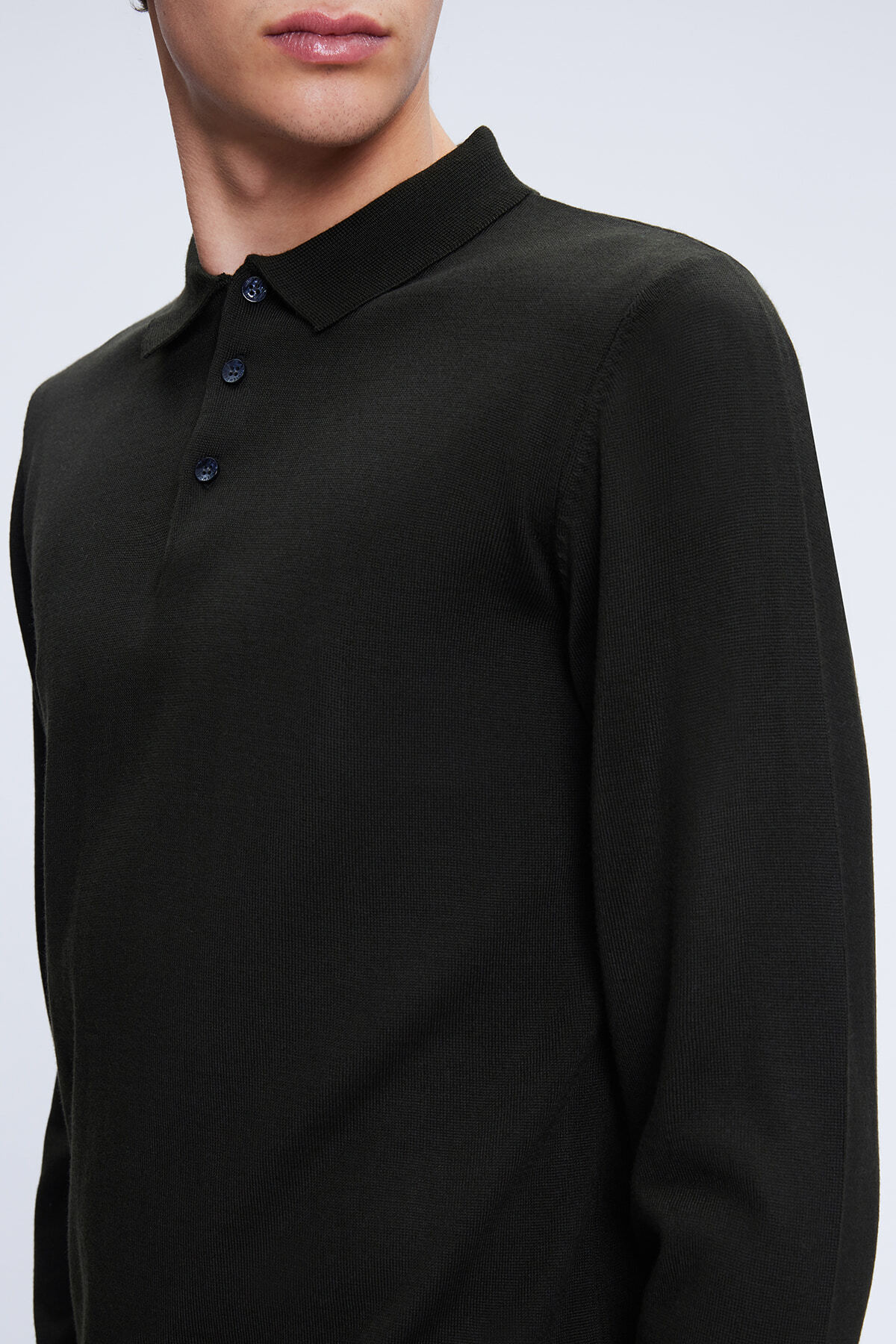 Haki Regular Fit Düz Polo Yaka Yünlü Triko Kazak - 4