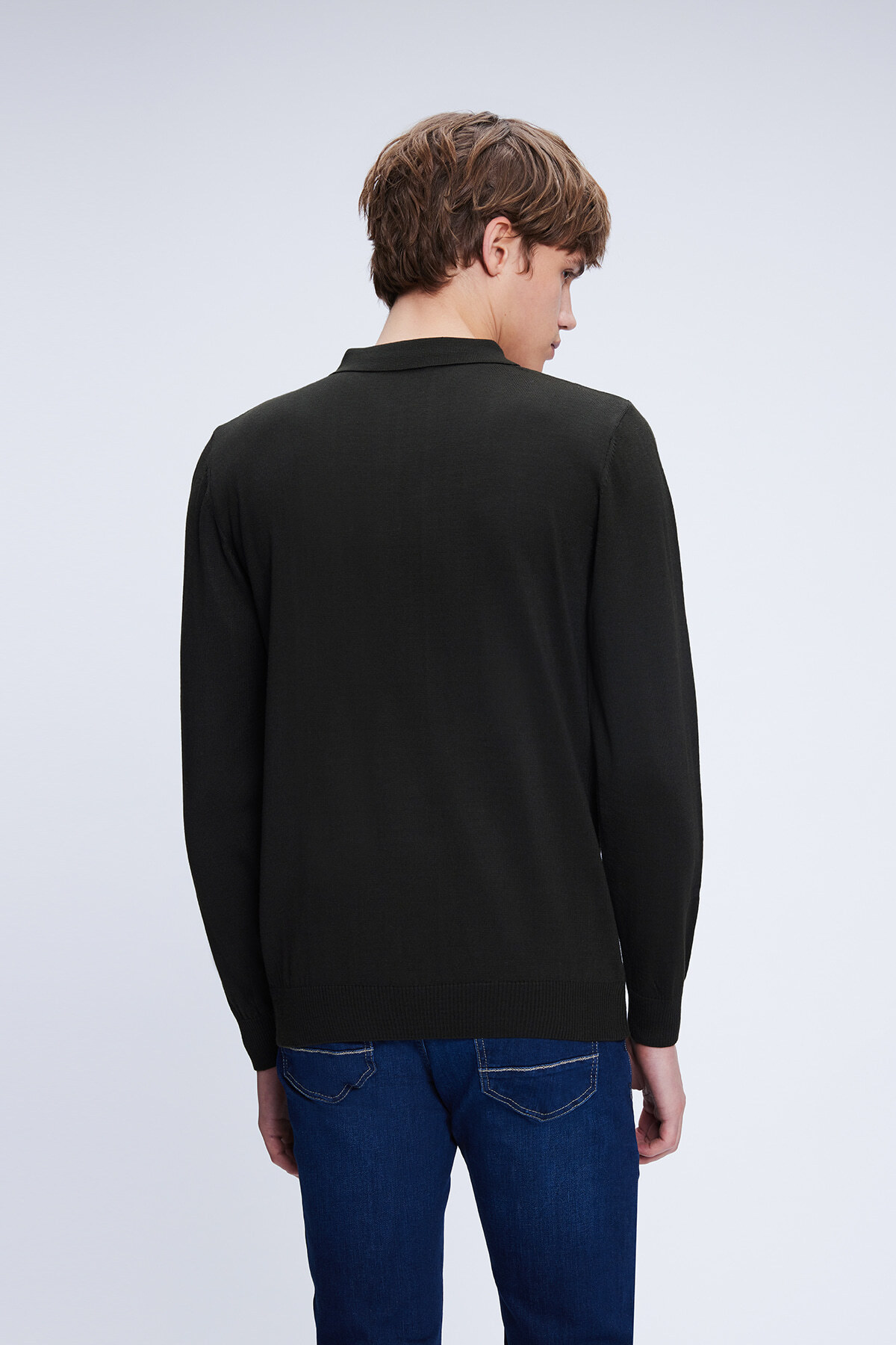 Haki Regular Fit Düz Polo Yaka Yünlü Triko Kazak - 5