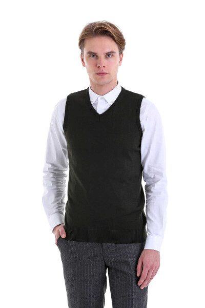 Haki Comfort Fit V Yaka Yünlü Triko Süveter - 6