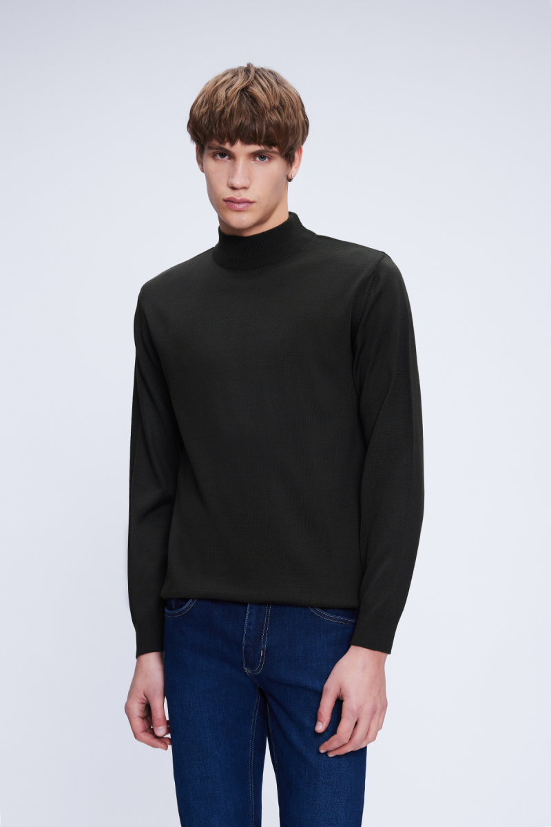 Haki Regular Fit Düz Yarım Balıkçı Yaka Yünlü Triko Kazak - Hatemoğlu