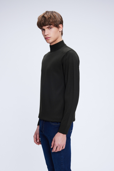 Haki Regular Fit Düz Yarım Balıkçı Yaka Yünlü Triko Kazak - 3