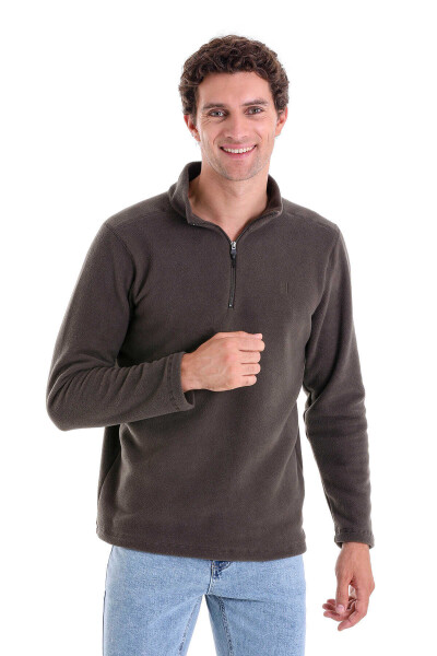 Haki Regular Fit Tüylenme Yapmayan Soğuk Geçirmez Yarım Fermuarlı Polar Sweatshirt 