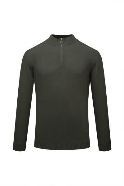 Haki Regular Fit Fermuarlı Yarım Balıkçı Yaka Kazak 