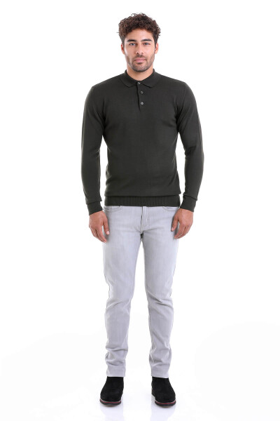 Haki Comfort Fit Düz Polo Yaka Yünlü Kazak - Thumbnail