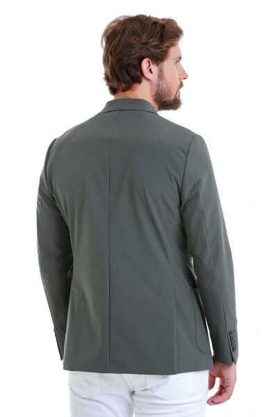 Haki Slim Fit Çizgili Mono Yaka Casual Ceket - 7