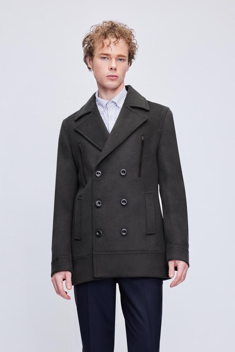 Haki Slim Fit Kruvaze Yünlü Kaşe Kaban - Hatem Saykı