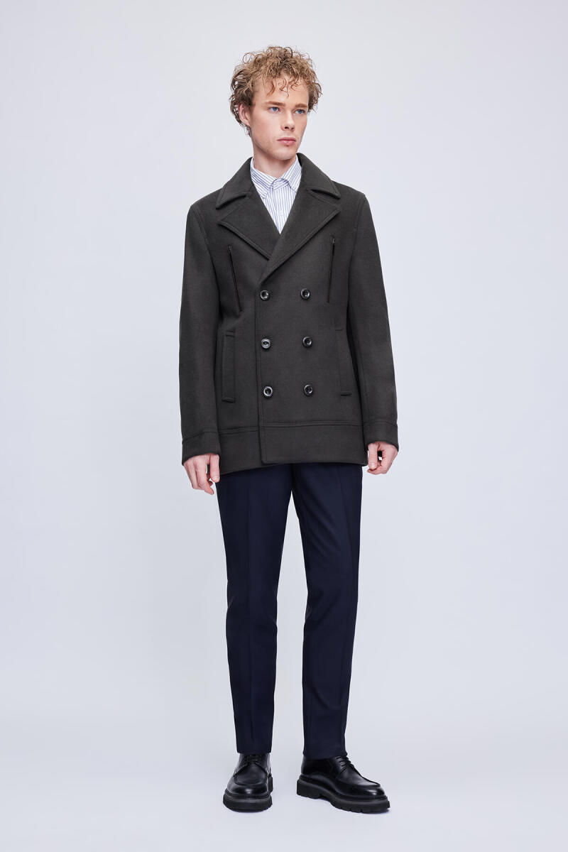 Haki Slim Fit Kruvaze Yünlü Kaşe Kaban - Hatem Saykı (1)