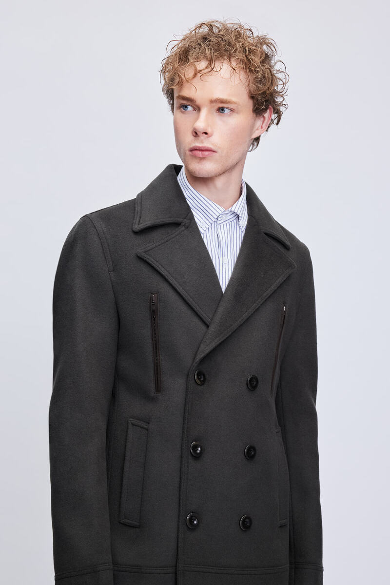 Haki Slim Fit Kruvaze Yünlü Kaşe Kaban - Hatem Saykı (1)