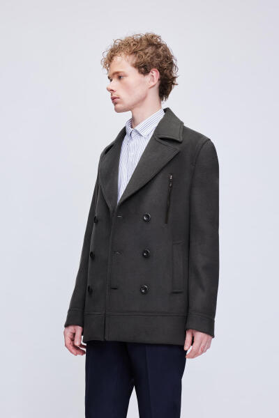 Haki Slim Fit Kruvaze Yünlü Kaşe Kaban - 5