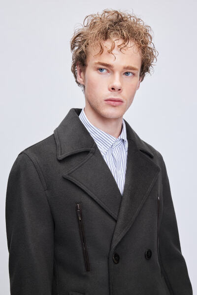 Haki Slim Fit Kruvaze Yünlü Kaşe Kaban - 6