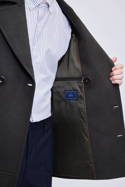 Haki Slim Fit Kruvaze Yünlü Kaşe Kaban - 8