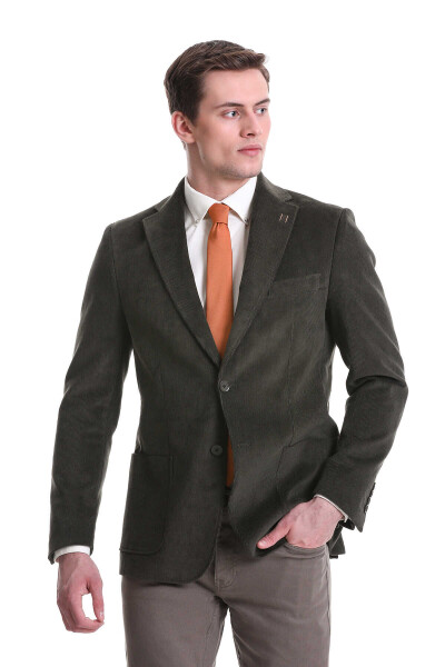 Haki Slim Fit Mono Yaka Pamuklu Kadife Ceket 