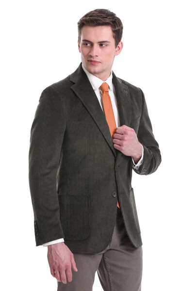 Haki Slim Fit Mono Yaka Pamuklu Kadife Ceket - 2