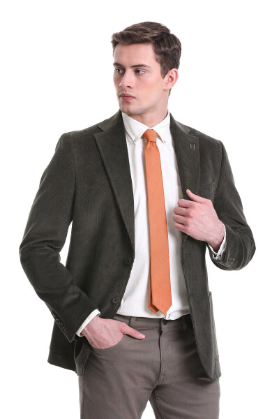 Haki Slim Fit Mono Yaka Pamuklu Kadife Ceket - 4