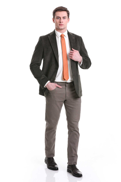 Haki Slim Fit Mono Yaka Pamuklu Kadife Ceket - 5