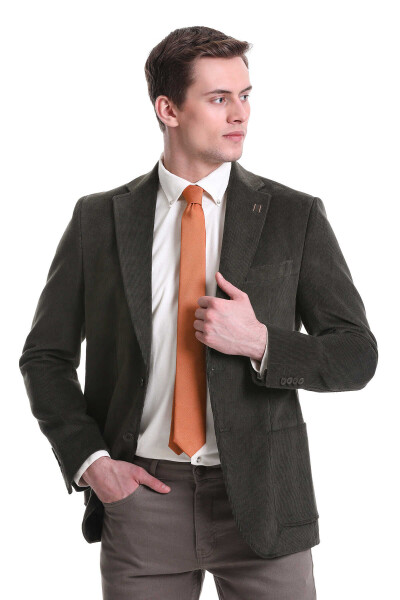 Haki Slim Fit Mono Yaka Pamuklu Kadife Ceket - 6