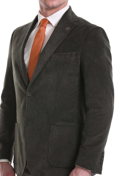 Haki Slim Fit Mono Yaka Pamuklu Kadife Ceket - 7