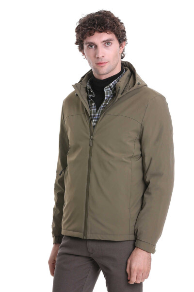 Haki Slim Fit Hakim Yaka Kapüşonlu Kaz Tüyü Mont 