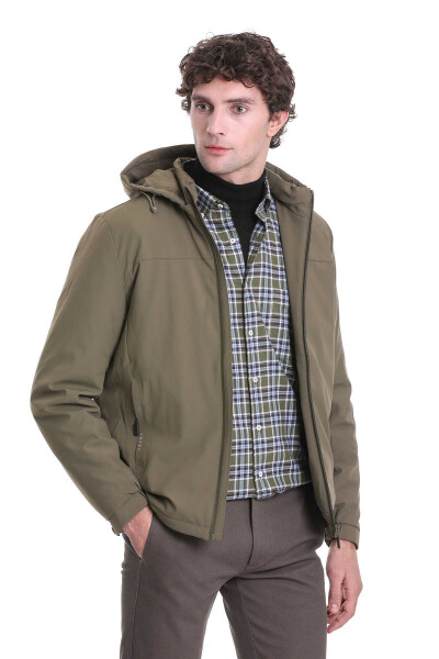 Haki Slim Fit Hakim Yaka Kapüşonlu Kaz Tüyü Mont - 3