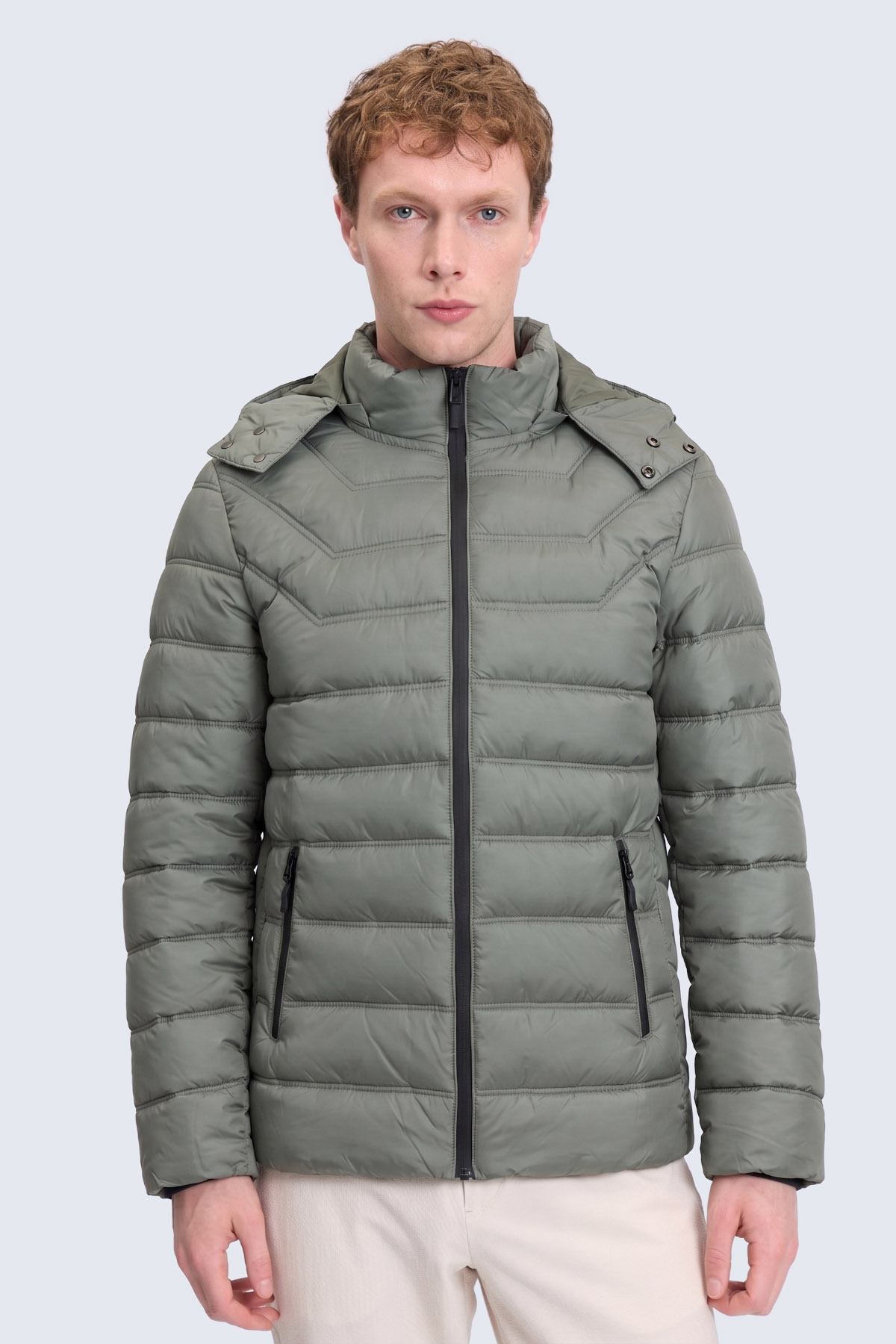 Haki Slim Fit Hakim Yaka Kapüşonlu Şişme Mont - 1